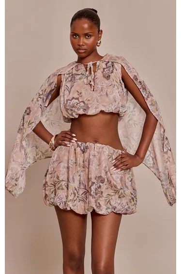 Pink Floral Chiffon Cape Balloon Sleeve Crop Top