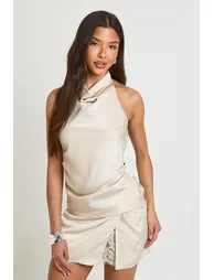 Satin High Cowl Neck Cami Top - champagne - 1