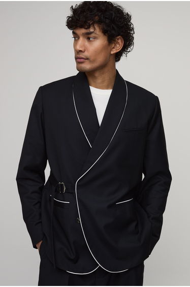 Satin Trim Wrap Buckle Relaxed Fit Blazer - black