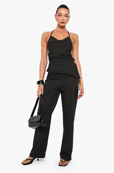 Woven Striped Halter Co-Ord - black