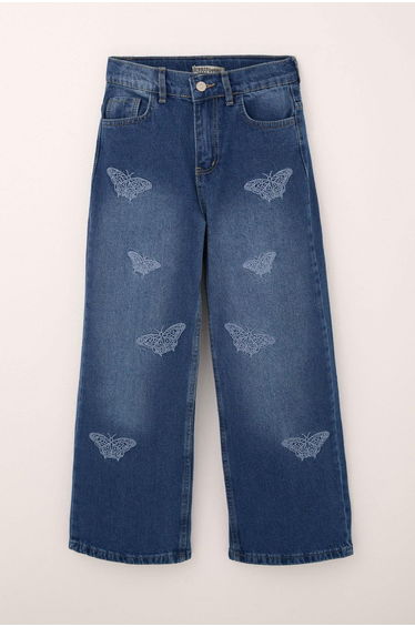 Girls' Blue Jeans with Butterfly Embroidery