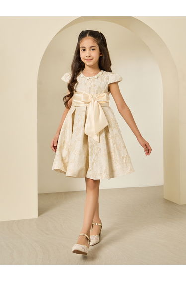 Girls Beige Jacquard Pleated Dress