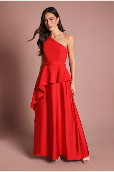 One Shoulder Ruffle Detail Satin Maxi Dress