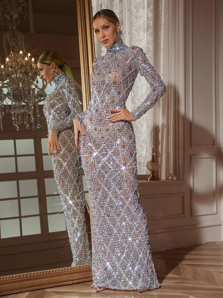 silver sequin maxi dress long sleeve Long Sleeve Grey Sequin Dress Sequin Dress Grey Long Sleeve Maxi Dress Long Sleeve Sequin Split