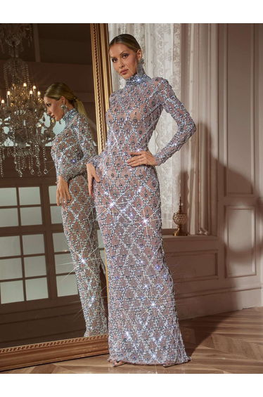 Liora Long Sleeve Sequin Crystal Maxi Dress In Silver