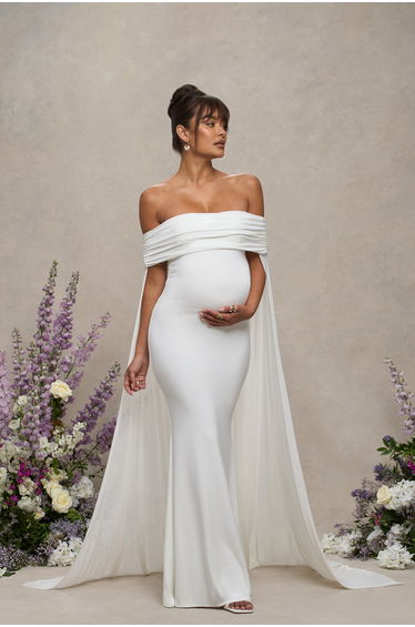 Carlotta | White Bardot Maternity Maxi Dress With Chiffon Cape