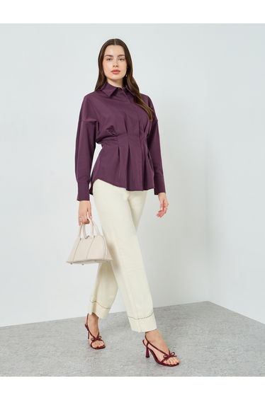 Women Purple Long Sleeve Fold Pleated Shirt