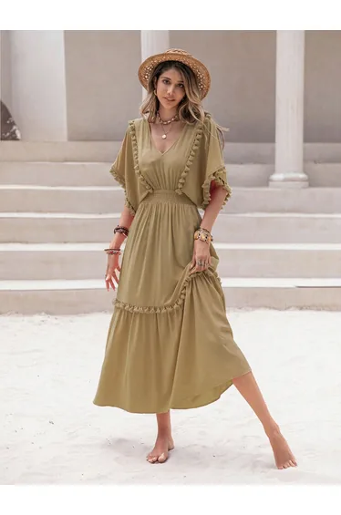 Smocked Waist V-Neck Maxi Dress with Tassels Detail