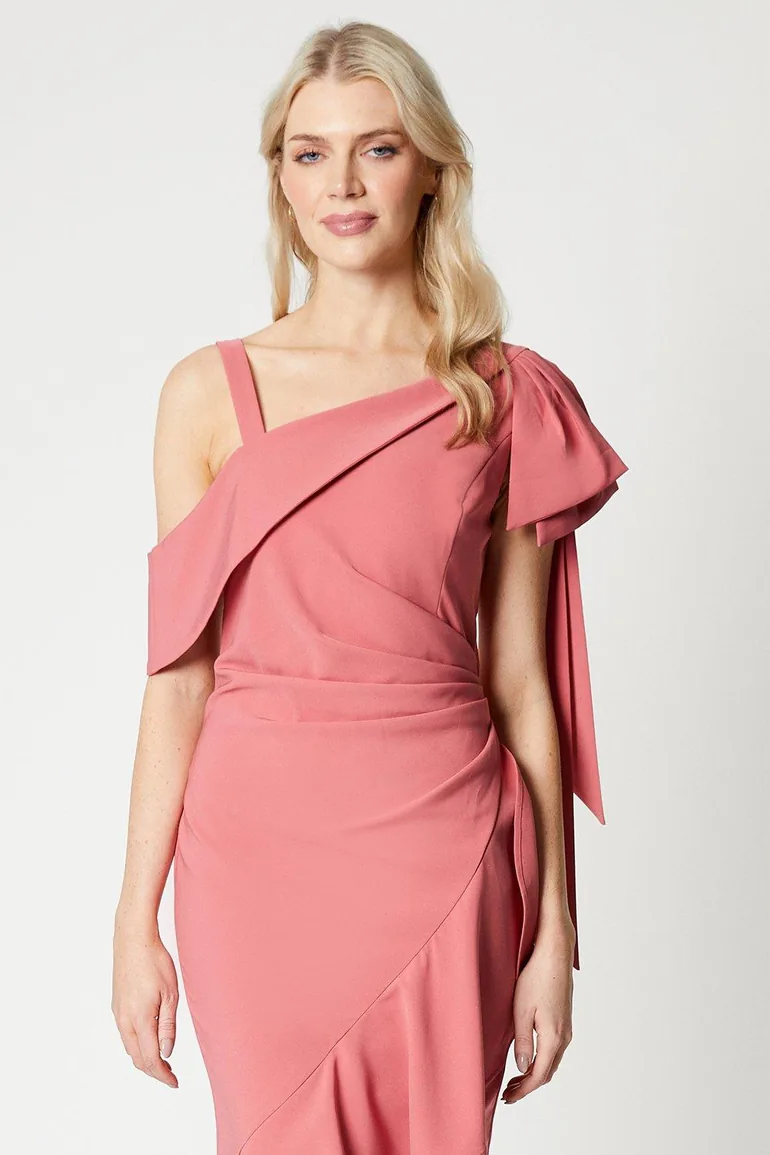 Bow Shoulder Ruffle Wrap Skirt Dress - 1
