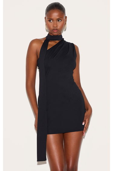Black Soft Touch One Shoulder Wrap Detail Mini Dress