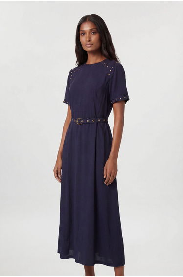 Petite Premium Viscose Linen Woven Midi Dress With Stud Detail