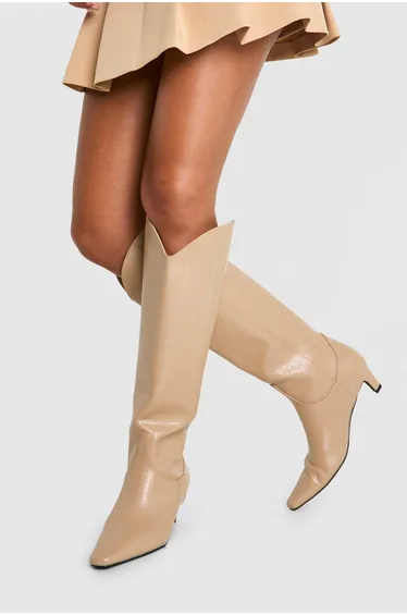 Croc Low Heel Knee High Boots - nude
