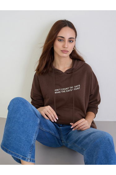 Brown Oversized Slogan Print Hoodie