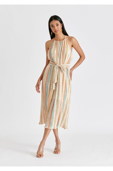 Halter Neck Plisse Dress with Belt