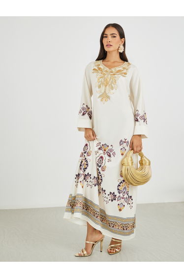 Placement Print Lace Detail Jalabiya