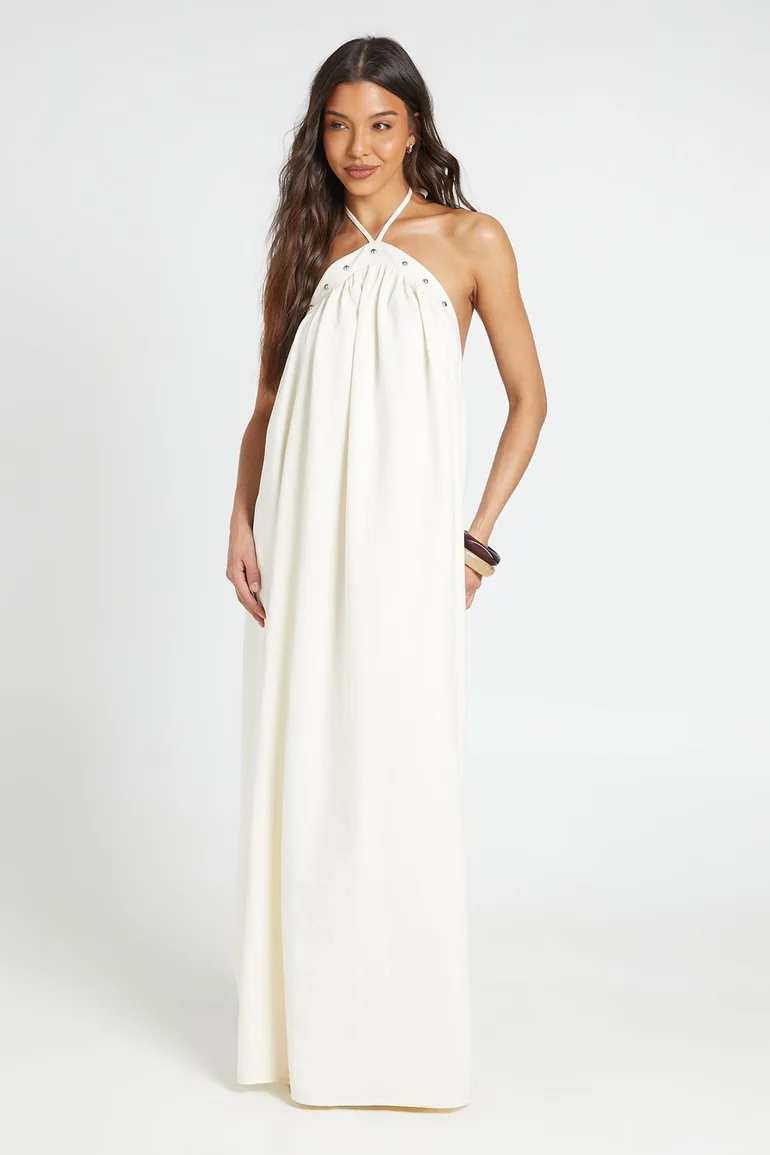Textured Halterneck Stud Detail Trapeze Dress - cream - 2