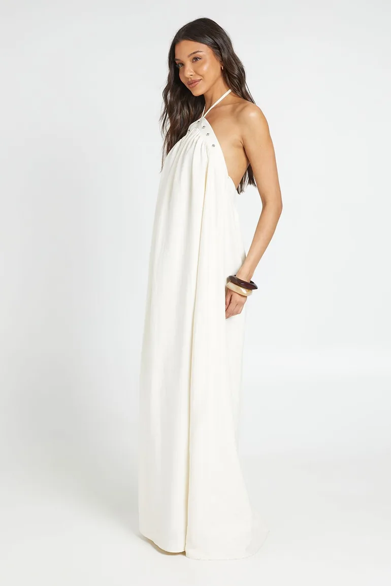 Textured Halterneck Stud Detail Trapeze Dress - cream