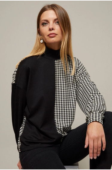 Women's Black-White Half Turtle Houndstooth Pattern Blouse