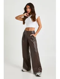 Petite Faux Leather Palazzo Trousers - chocolate - 2