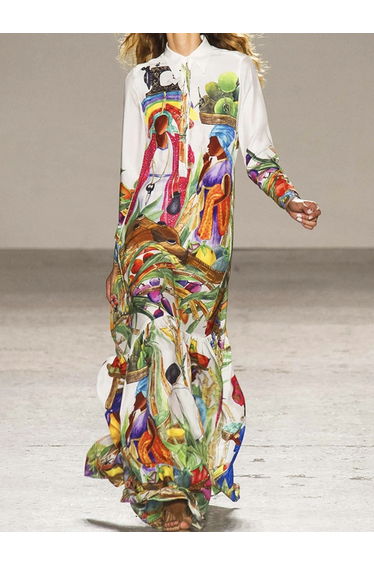 Long Sleeves Loose Asymmetric Printed Split-Joint Lapel Maxi Dresses Shirt Dress