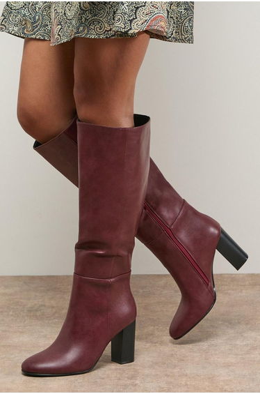 Tamsin Faux Leather Stacked High Block Heel Knee Boots