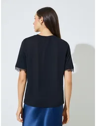 Black Round Neck T-Shirt with Lace Trim - 4