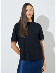 Black Round Neck T-Shirt with Lace Trim