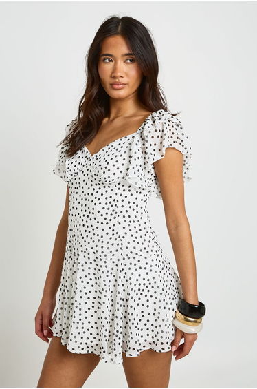 Polka Dot Angel Sleeve Mini Dress - ivory