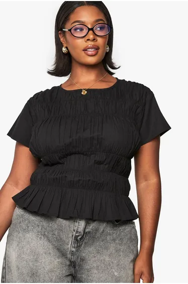 PLUS COTTON SHIRRED PUFF SLEEVE BLOUSE