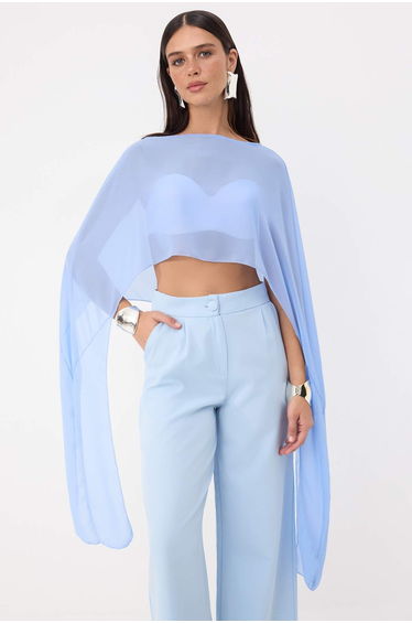 Light Blue Asymmetrical Cut Unlined Chiffon Cape Party Blouse