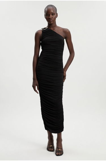 One Shoulder Drapey Crepe Trim Detail Ruched Maxi Dress