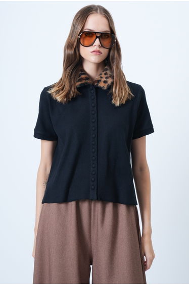 Women's black leopard print knit blouse with detachable fur trim