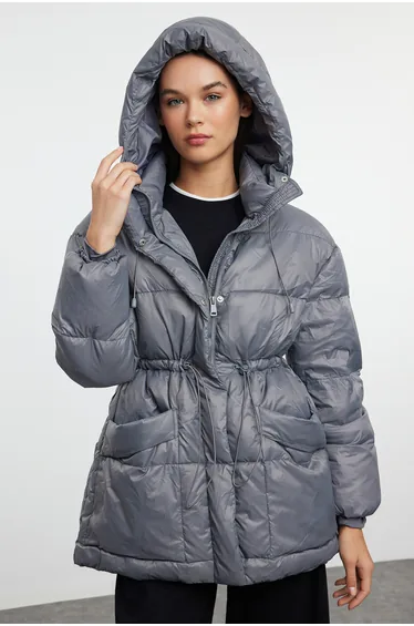 Grey Oversize Hooded Goose Down Puffer Jacket