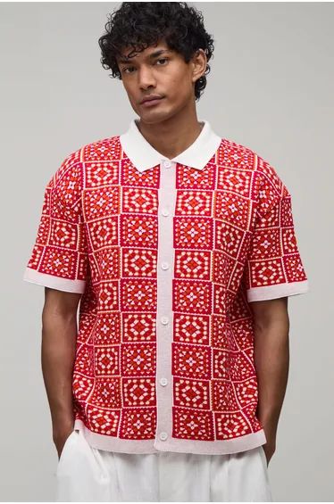 Relaxed Crochet Square Knitted Shirt - red