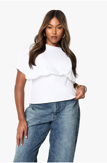 Plus Blouson Fitted Cotton Top - white