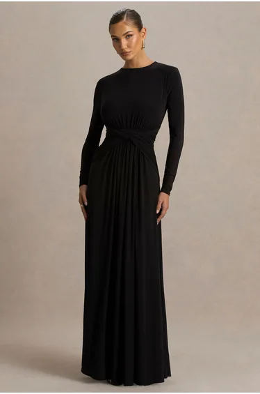 فستان ماكسي مزموم بياقة عالية - أسود