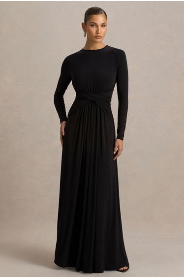 Estrella | Black High-Neck Maxi Dress With Ruched Detailing