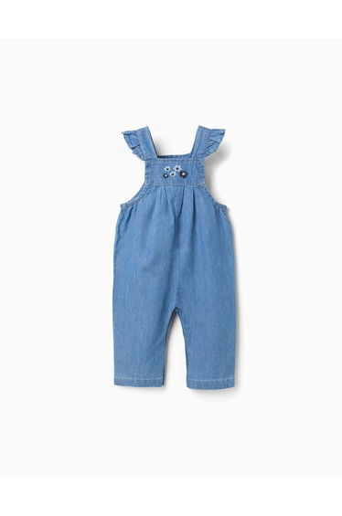 Denim jumpsuit with embroidered flowers for newborn girls, blue