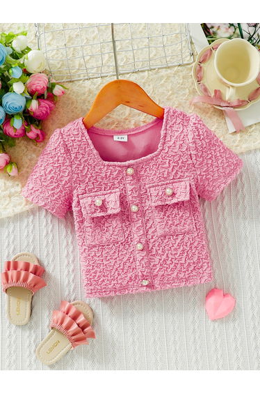 Girls Pink Textured Square Neck Top