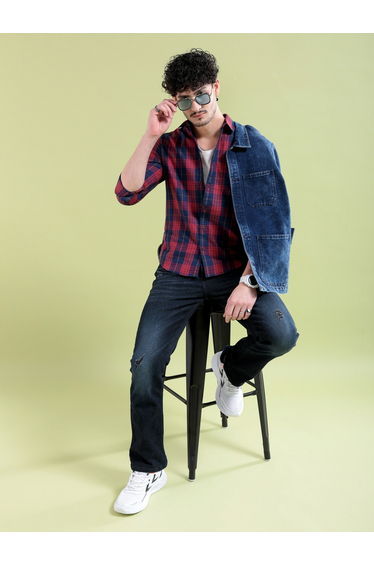 Men Navy Checkered Regular Fit Shirt