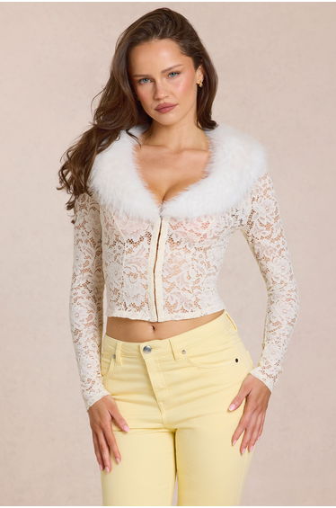 Lace Faux-Fur-Trim Cardigan in Ivory