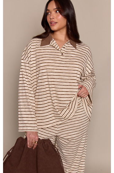 Plus Light Brown Soft Rib Striped Detail Collared Long Sleeve Top