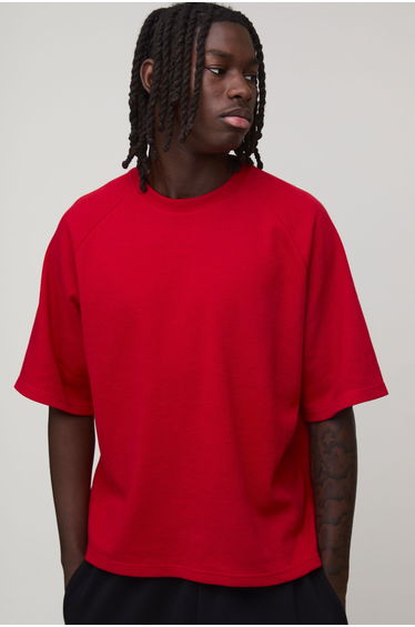 Oversized Boxy Waffle Raglan T-Shirt - red