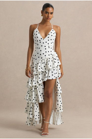 Bogota | Polka Dot Plunge-Neck Maxi Dress With Ruffling Details And Front High Split