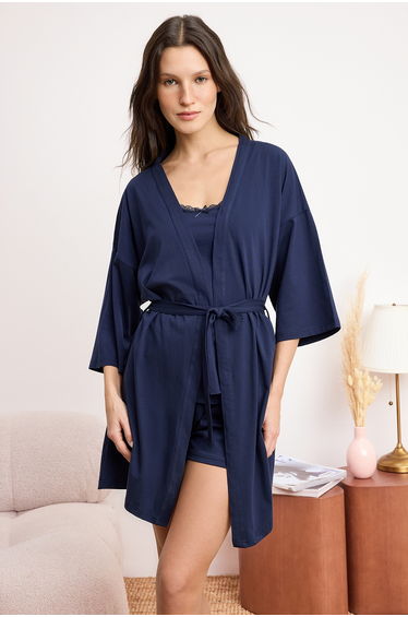 Navy Blue 3-Piece Lace Detailed Stretch Fabric Soft Touch Knitted Dressing Gown + Pajama Set