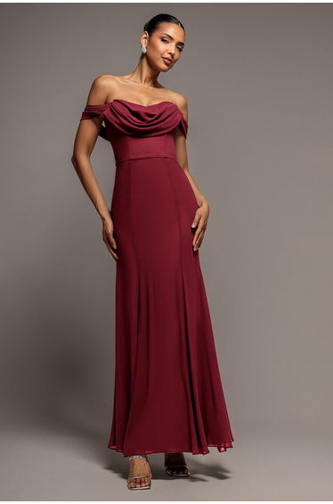 Chiffon Bardot Cowl Neck Maxi Dress - Wine by Goddiva