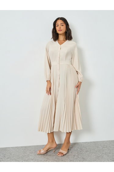 Beige Pleated V Neck Midi Dress