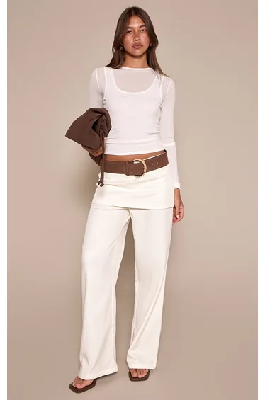 Cream Overlay Detail Wide Leg Trousers