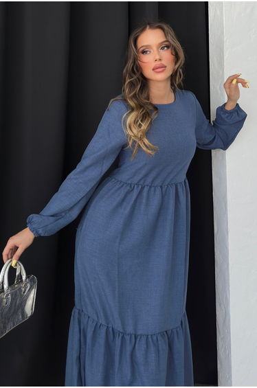 Women's Indigo Blue Crew Neck Long Sleeve Ruffle Dress