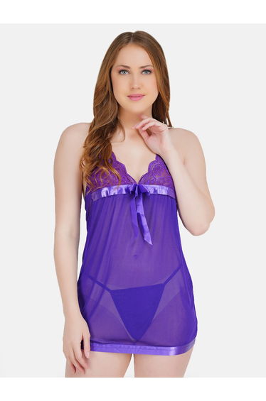 Purple Lace Insert Tie-Up Babydoll with Brief